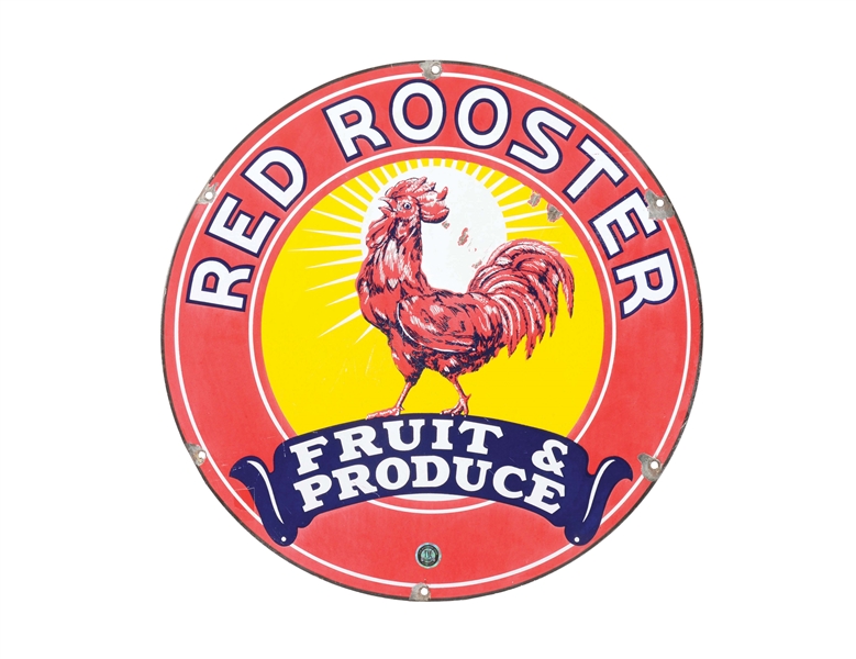 RED ROOSTER FRUIT & PRODUCE PORCELAIN SIGN W/ ROOSTER GRAPHIC. 