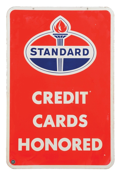 STANDARD GASOLINE "CREDIT CARDS HONORED" PORCELAIN SERVICE STATION SIGN. 