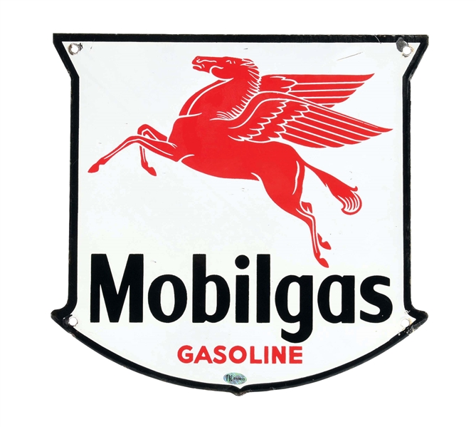 MOBILGAS GASOLINE PORCELAIN PUMP PLATE SIGN W/ PEGASUS GRAPHIC. 