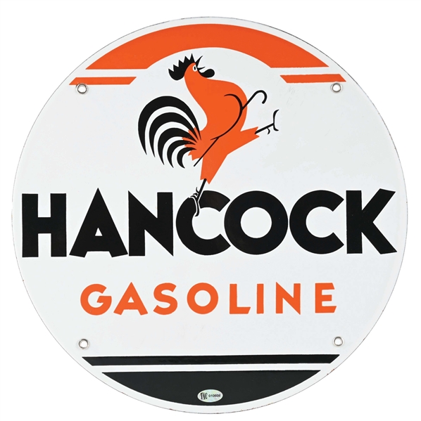 HANCOCK GASOLINE PORCELAIN PUMP PLATE SIGN W/ ROOSTER GRAPHIC. 