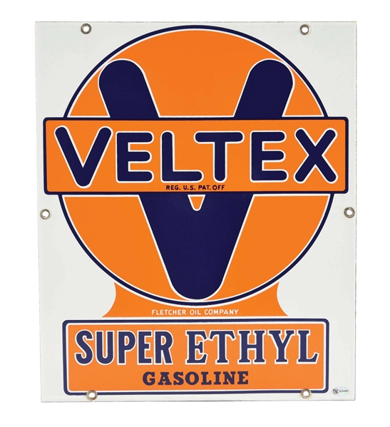 VELTEX SUPER ETHYL GASOLINE PORCELAIN PUMP PLATE SIGN.