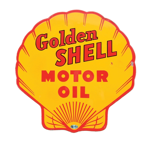 GOLDEN SHELL MOTOR OIL PORCELAIN SERVICE STATION OIL RACK SIGN.