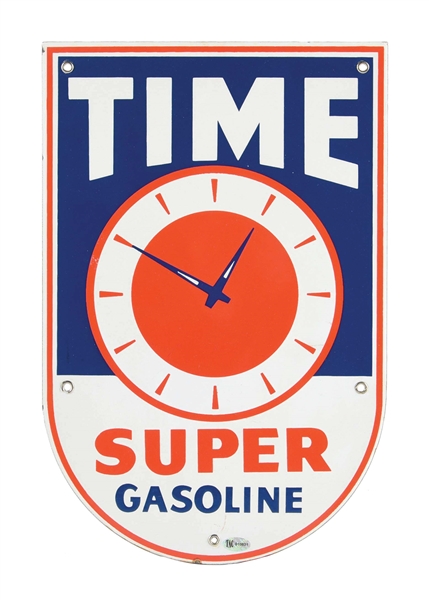 TIME SUPER GASOLINE PORCELAIN PUMP PLATE SIGN W/ CLOCK FACE GRAPHIC.