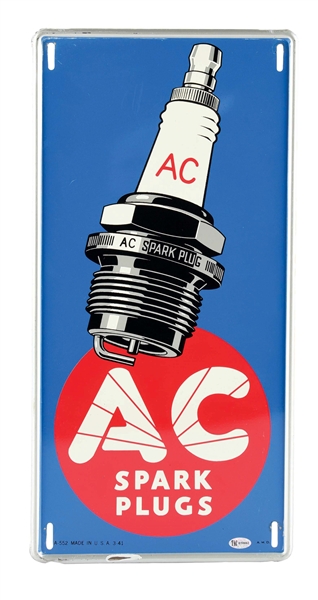 AC SPARK PLUGS TIN SERVICE STATION SIGN W/ EMBOSSED OUTER EDGE.