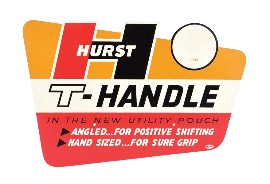 NEW OLD STOCK HURST T HANDLE SHIFTER MASONITE STORE DISPLAY TOPPER SIGN.