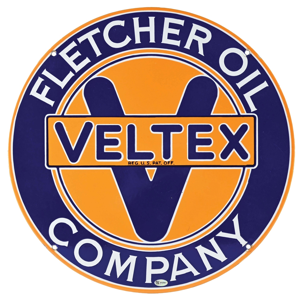 FLETCHER OIL COMPANY VELTEX GASOLINE & MOTOR OILS PORCELAIN SIGN.