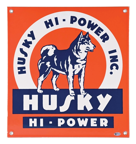 HUSKY HI POWER GASOLINE "LARGE" PORCELAIN PUMP PLATE W/ HUSLY DOG GRAPHIC. 