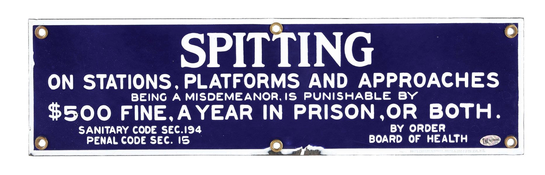 SPITTING ON STATIONS, PLATFORMS, AND APPROACHES PORCELAIN RAILWAY WARNING SIGN.