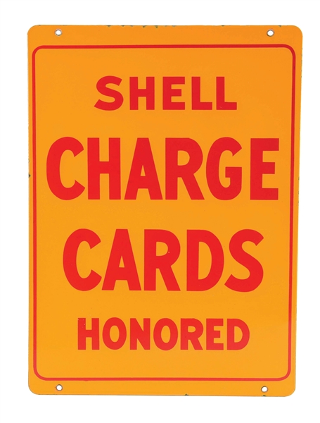SHELL GASOLINE CHARGE CARDS HONORED PORCELAIN SERVICE STATION SIGN.