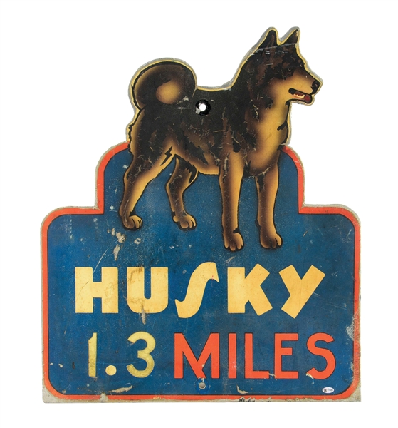 HUSKY GASOLINE 1.3 MILES AHEAD HIGHWAY SIGN W/ HUSKY DOG GRAPHIC. 