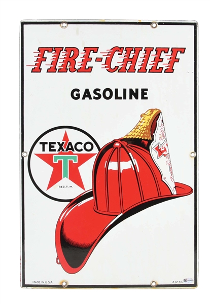 TEXACO FIRE CHIEF GASOLINE PORCELAIN PUMP PLATE SIGN.