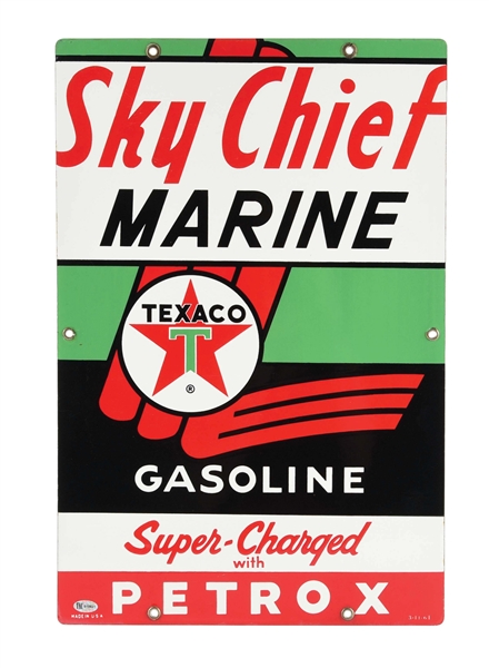 TEXACO SKY CHIEF MARINE GASOLINE W/ PETROX PORCELAIN PUMP PLATE SIGN.