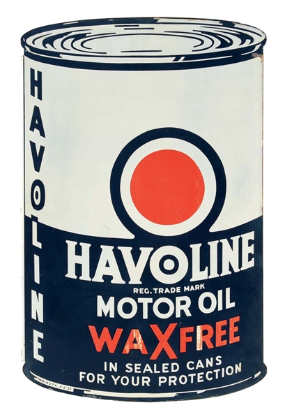 RARE HAVOLINE WAX FREE MOTOR OIL TIN QUART CAN FLANGE SIGN. 