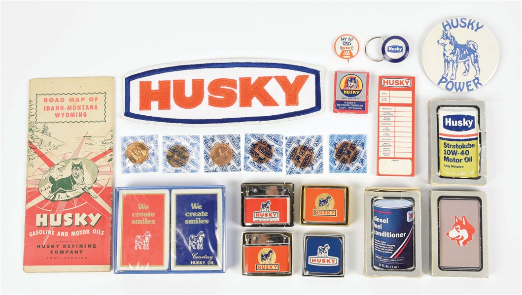 LARGE COLLECTION OF HUSKY GASOLINE SERVICE STATION ADVERTISING PRODUCTS. 