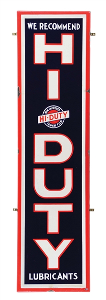 HI-DUTY LUBRICANTS PORCELAIN SERVICE STATION SIGN W/ COOKIE CUTTER EDGE. 
