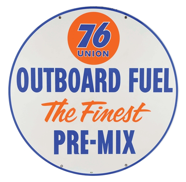 OUTSTANDING UNION 76 OUTBOARD FUEL "THE FINEST PRE MIX" PORCELAIN SIGN.