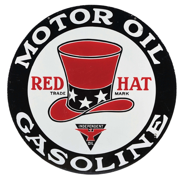 SCARCE RED HAT GASOLINE & MOTOR OIL PORCELAIN SERVICE STATION SIGN W/ TOP HAT GRAPHIC. 
