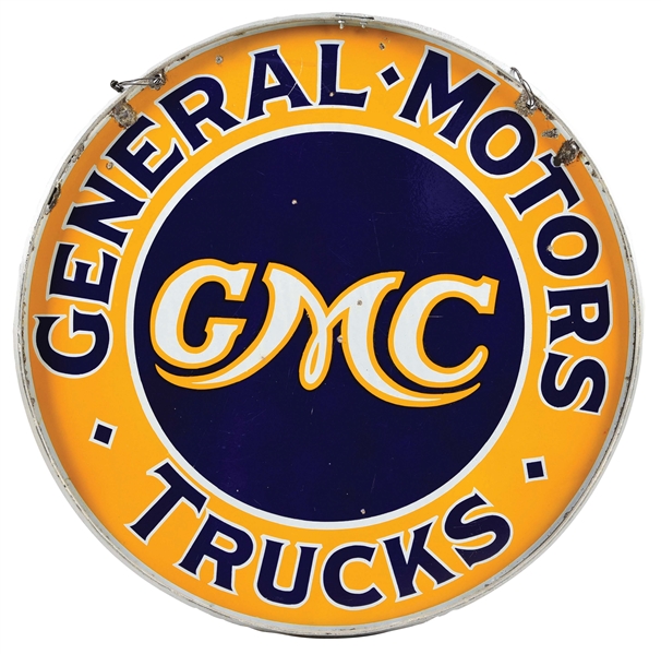 GMC GENERAL MOTORS TRUCKS PORCELAIN SIGN W/ IRON RING ATTACHMENT. 