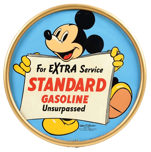 STANDARD "UNSURPASSED" GASOLINE TIN SIGN W/ MICKEY MOUSE GRAPHIC. 