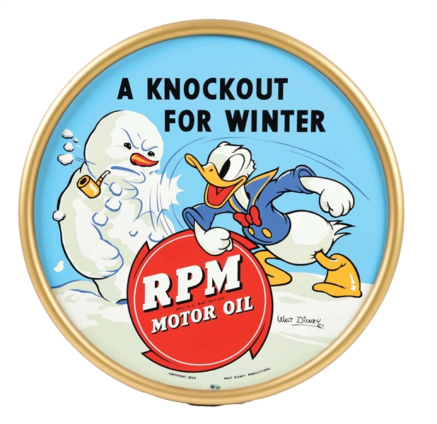 RARE RPM MOTOR OIL TIN TAXI CAB SIGN W/ DONALD DUCK GRAPHIC. 