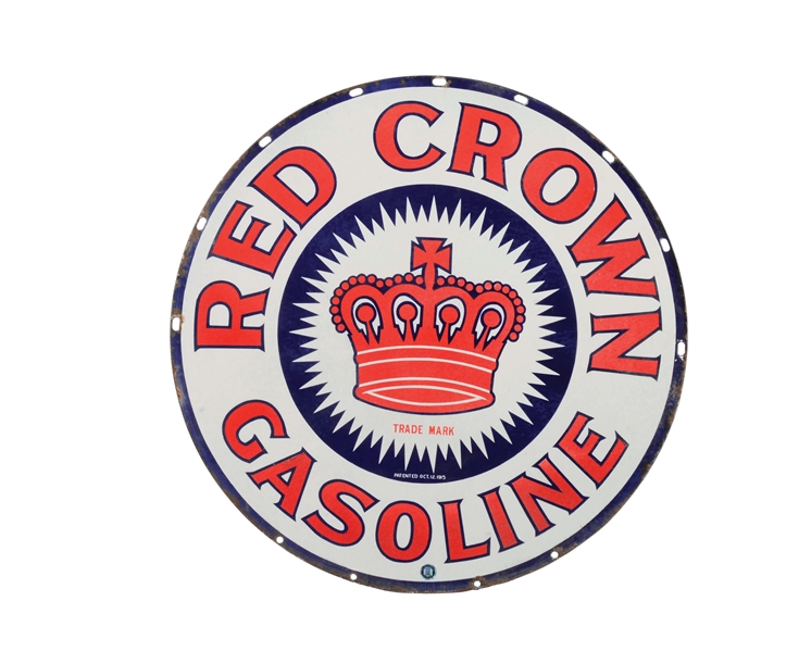 RED CROWN GASOLINE 30" PORCELAIN SIGN W/ EARLY CROWN GRAPHIC. 