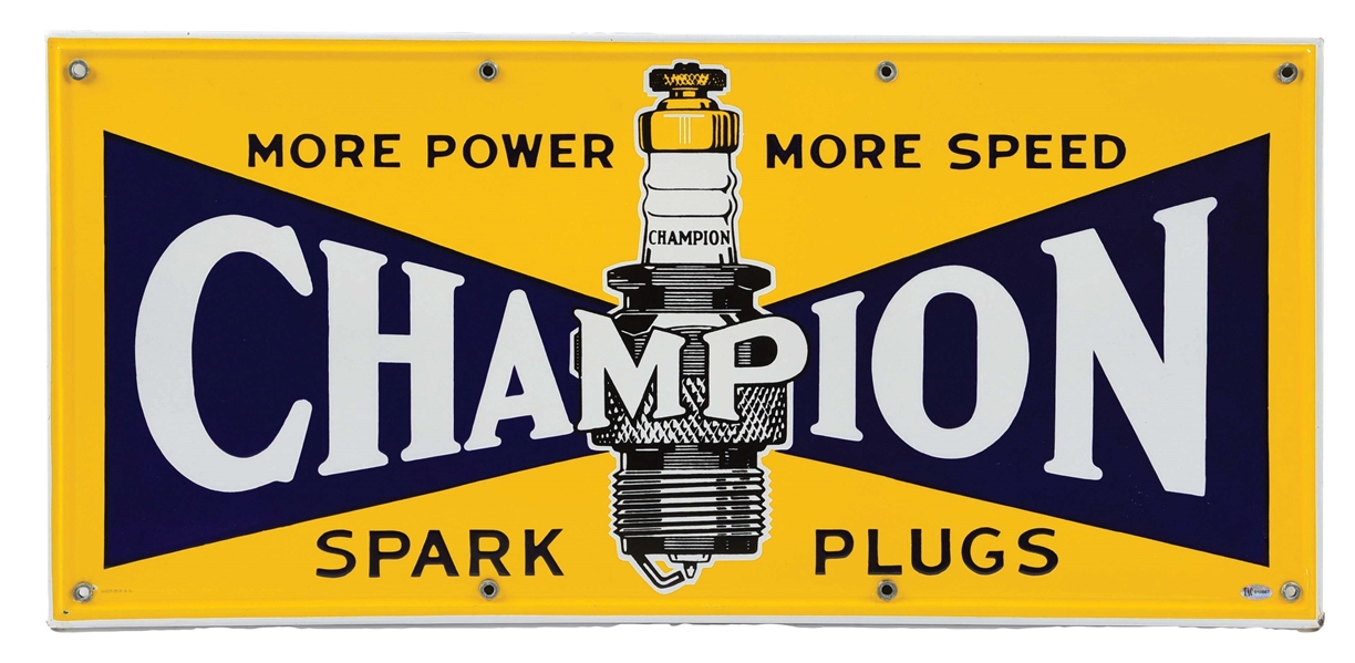 OUTSTANDING CHAMPION SPARK PLUGS PORCELAIN SIGN W/ EMBOSSED OUTER EDGE. 