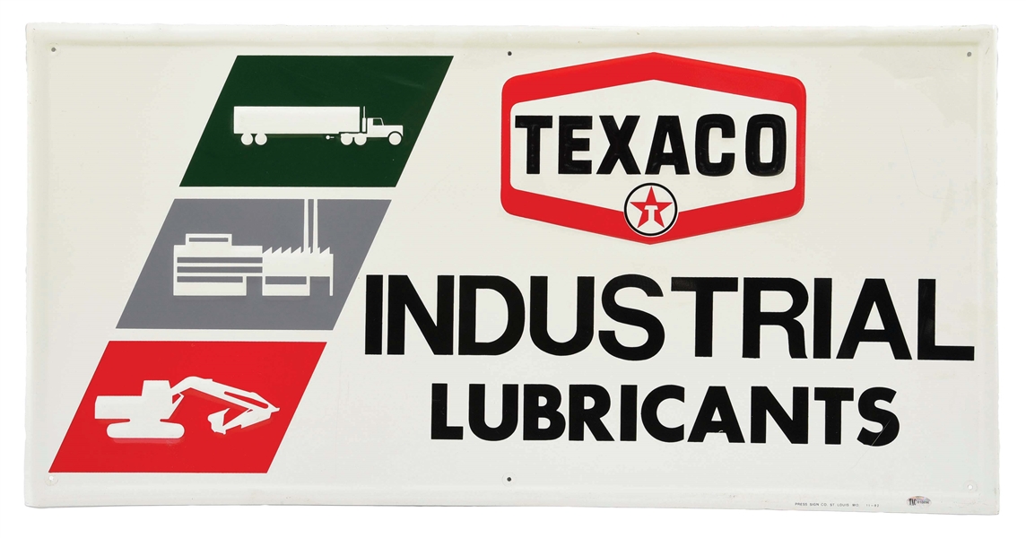 TEXACO INDUSTRIAL LUBRICANTS EMBOSSED TIN SIGN W/ SELF FRAMED OUTER EDGE. 