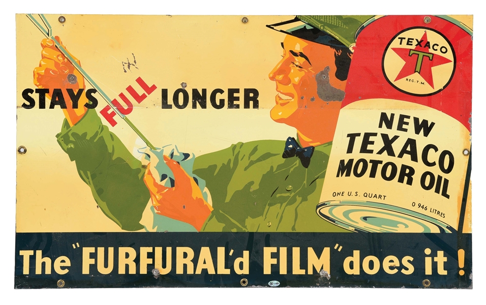 NEW TEXACO MOTOR OIL "FURFURALD FILM" TIN SIGN W/ CAN & ATTENDANTS GRAPHIC. 
