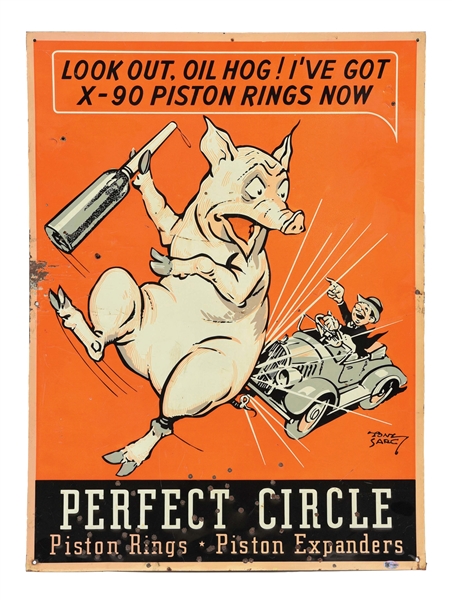 RARE PERFECT CIRCLE PISTON RINGS EMBOSSED TIN SIGN W/ PIG & AUTOMOBILE GRAPHIC. 
