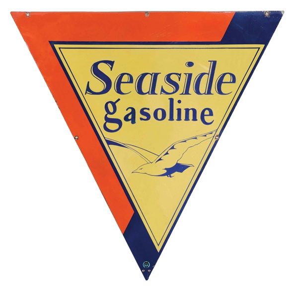RARE SEASIDE GASOLINE PORCELAIN SERVICE STATION SIGN W/ SEA BIRD GRAPHIC. 
