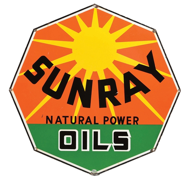 SUNRAY "NATURAL POWER OILS" PORCELAIN SERVICE STATION SIGN W/ SUNRAY GRAPHIC. 