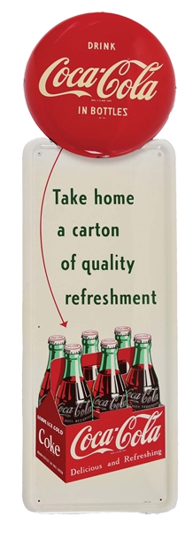 COCA COLA "TAKE HOME A CARTON OF QUALITY REFRESHMENT" TWO PIECE TIN PILASTER SIGN W/ SIX PACK GRAPHIC. 