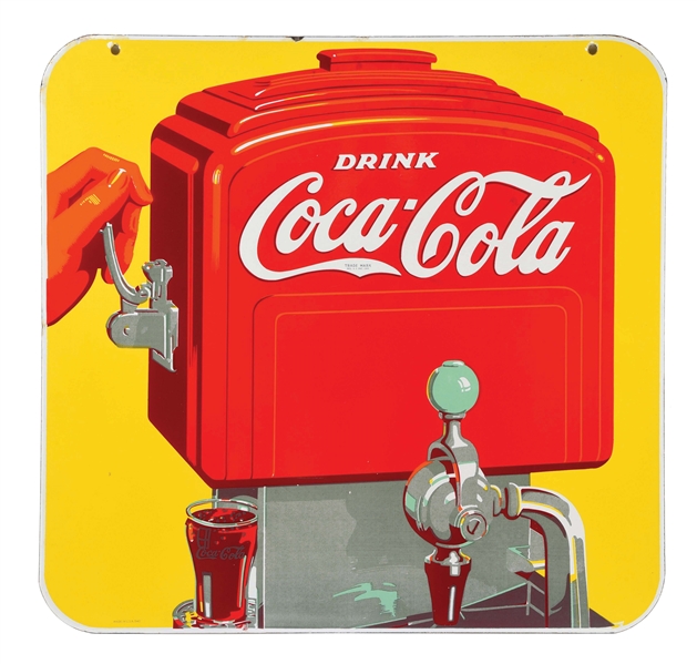 INCREDIBLE DRINK COCA COLA PORCELAIN SIGN W/ FOUNTAIN & HAND GRAPHIC. 