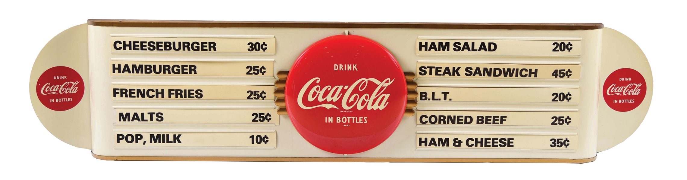DRINK COCA COLA IN BOTTLES THREE DIMENSIONAL TIN RESTAURANT MENU SIGN W/ BUTTON & WING ATTACHMENTS. 