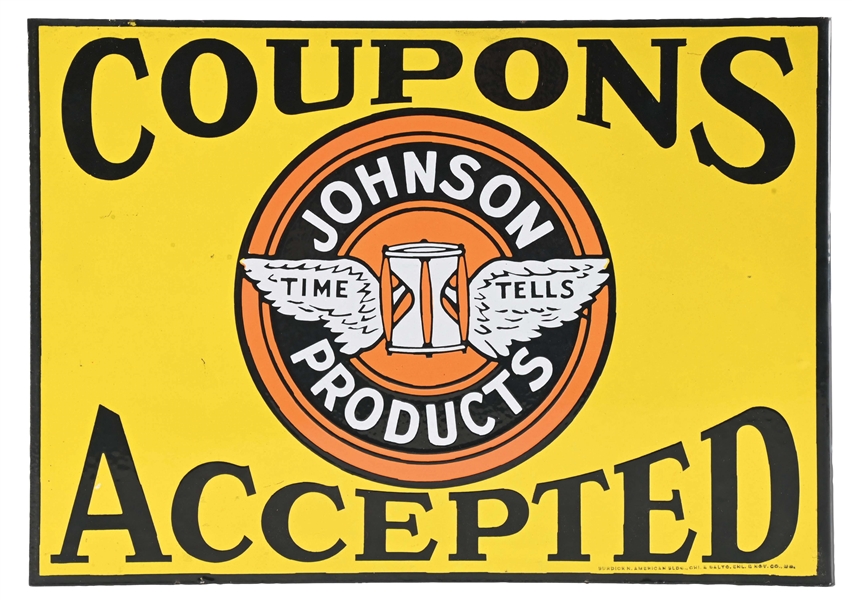 RARE & N.O.S. JOHNSON "TIME TELLS" PRODUCTS PORCELAIN SERVICE STATION FLANGE SIGN W/ WINGED HOURGLASS GRAPHIC. 