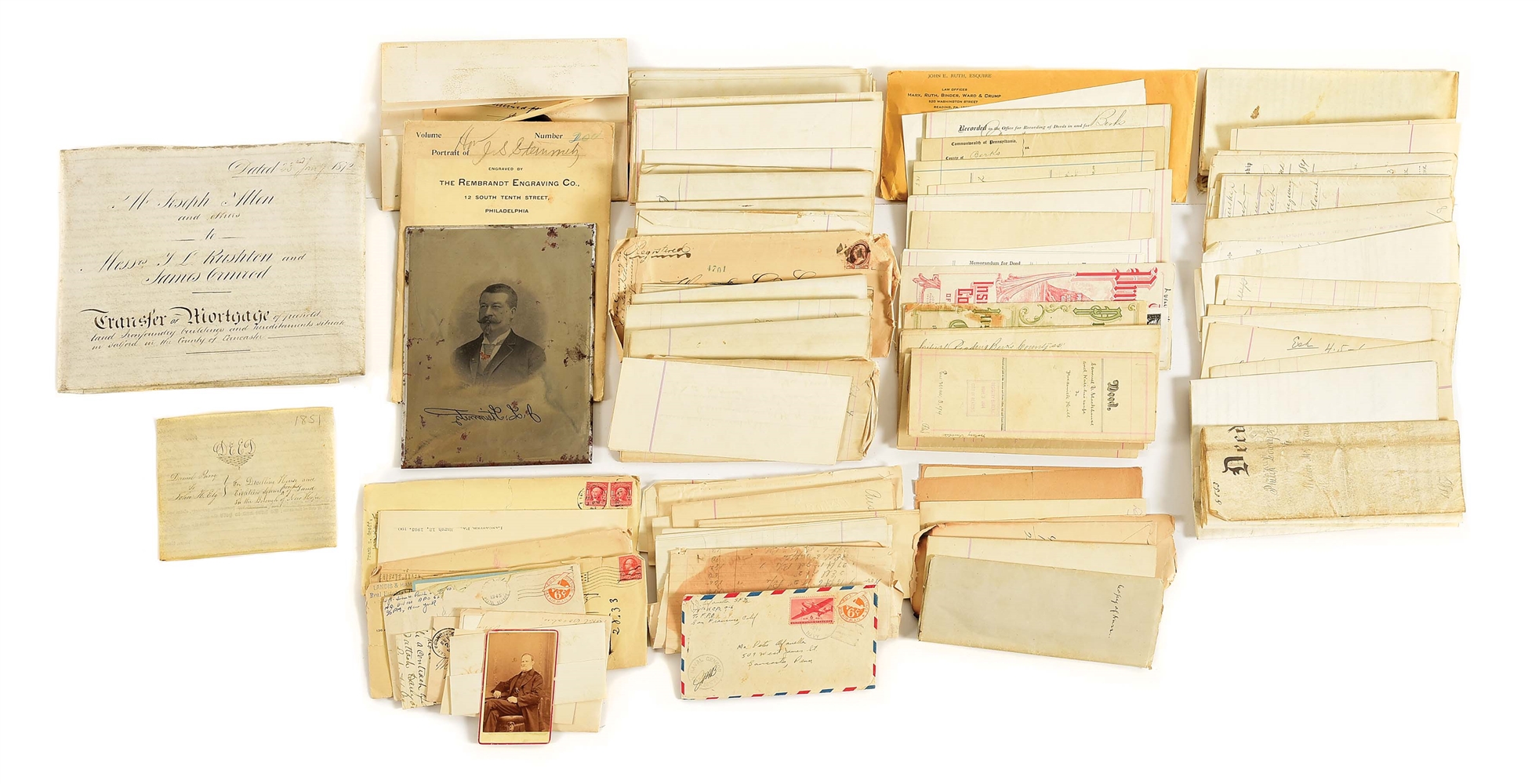 LARGE LOT OF 19TH AND EARLY 20TH CENTURY LEGAL DOCUMENTS, INCLUDING LANCASTER WATCH COMPANY.