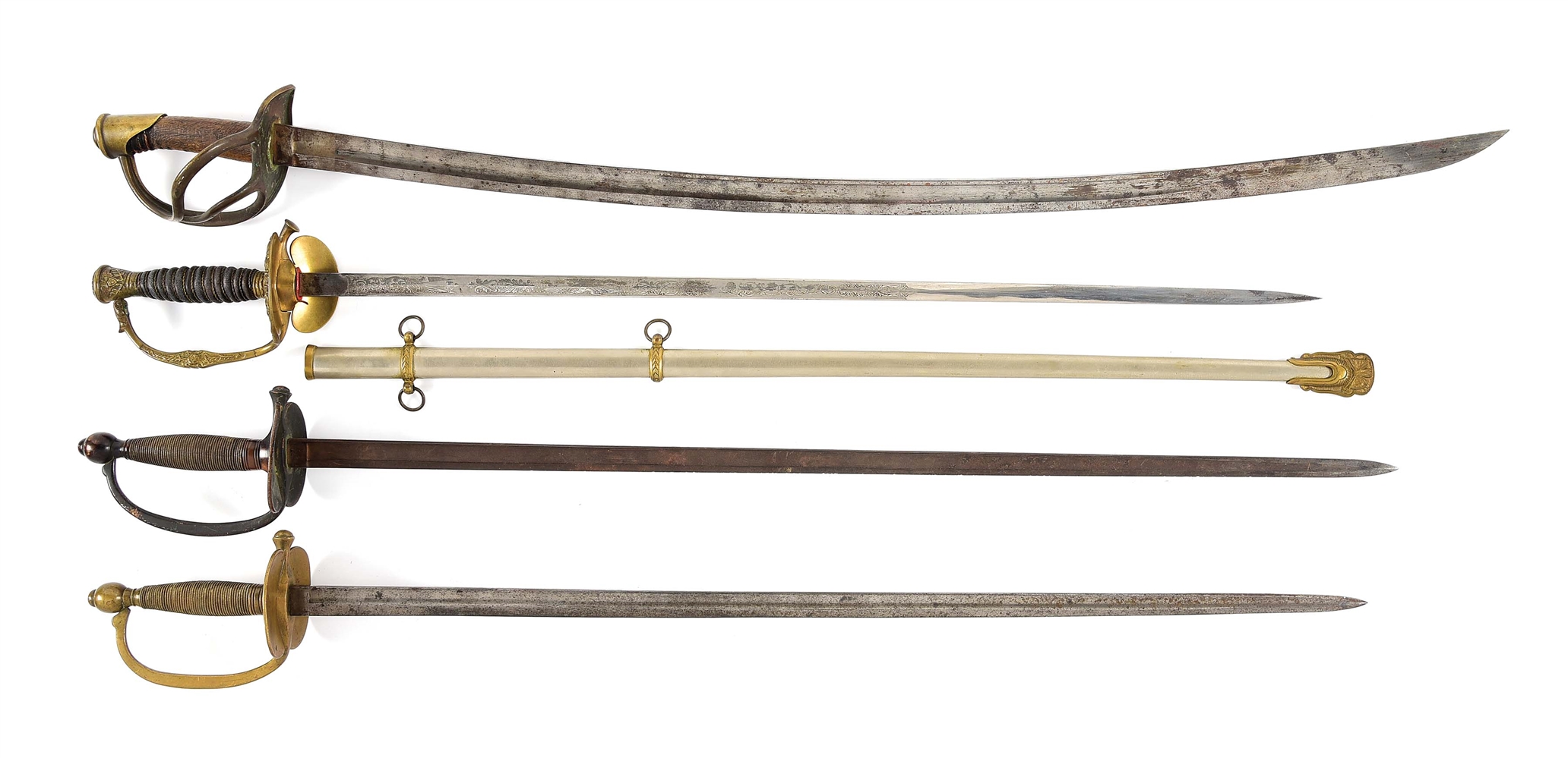 LOT OF 4: US CIVIL WAR M1840 CAVALRY SABER, M1872 STAFF & FIELD OFFICERS SWORD, AND 2 M1840 NCO SWORDS.