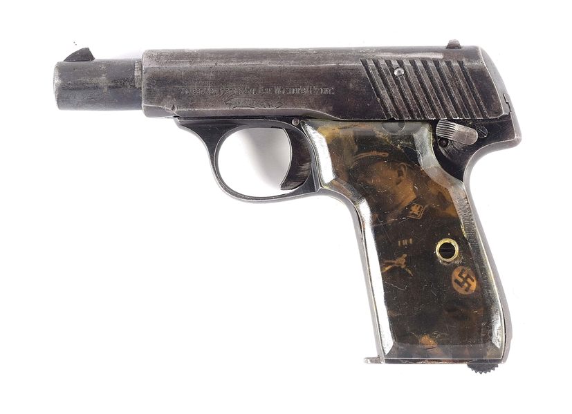 (C) WALTHER MODEL 7 6.35MM SEMI-AUTOMATIC PISTOL WITH CUSTOM PERIOD PLEXIGLASS GRIPS & LEATHER HOLSTER.