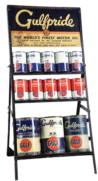 GULFPRIDE MOTOR OIL TIN SERVICE STATION DISPLAY RACK W/ GULF OIL CANS. 