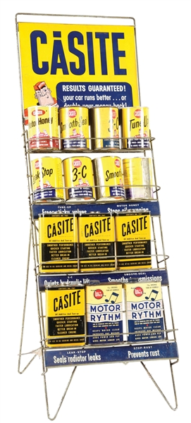 CASITE TIN SERVICE STATION RACK W/ DISPLAY CANS.