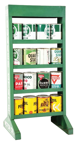 QUAKER STATE MOTOR OILS QUART CAN RACK W/ VARIOUS 1 QUART CANS. 