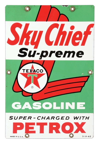 TEXACO SKY CHIEF SUPREME GASOLINE PORCELAIN PUMP PLATE SIGN. 