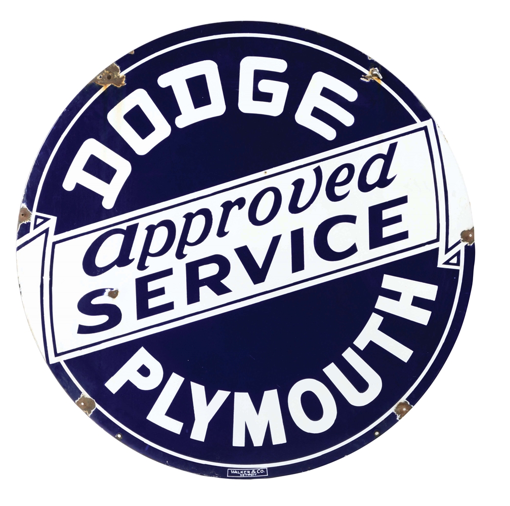 DOUBLE SIDED PORCELAIN DODGE PLYMOTH APPROVED SERVICE SIGN.
