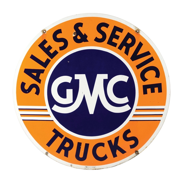 DOUBLE SIDED PORCELAIN GMC TRUCKS SERVICE SIGN.