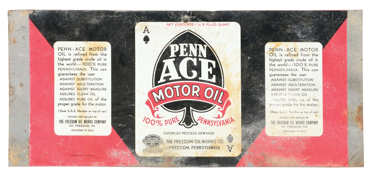 PENN ACE MOTOR OILS ONE QUART CAN FLATTENED SKIN. 