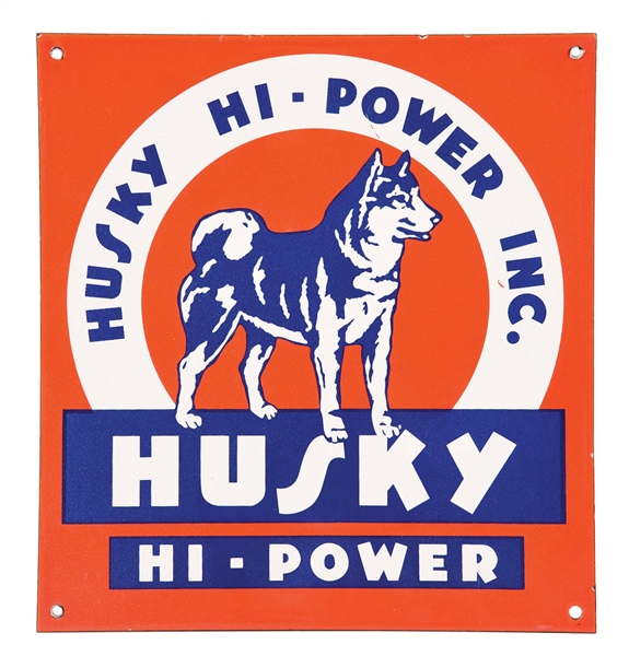 RARE & OUTSTANDING HUSKY HI POWER GASOLINE PORCELAIN SERVICE STATION SIGN. 