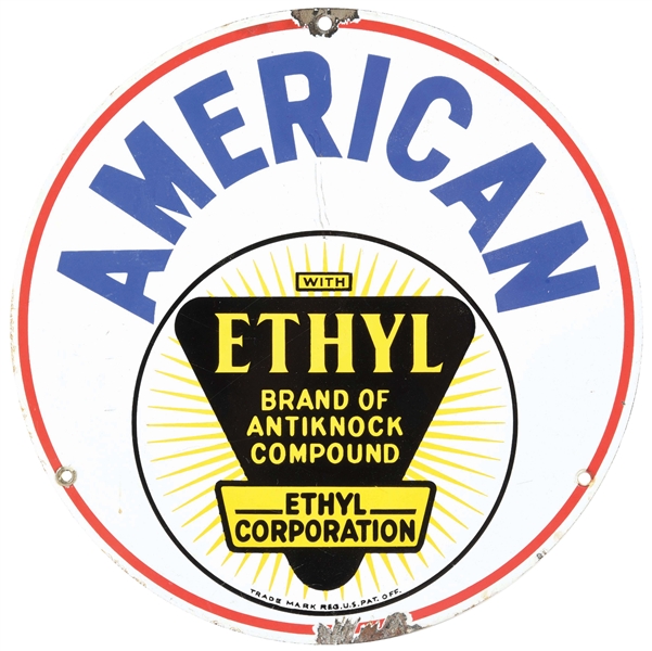 AMERICAN ETHYL GASOLINE PORCELAIN PUMP PLATE SIGN.