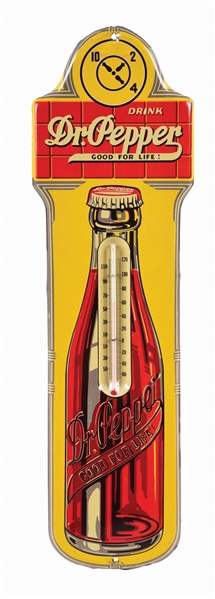 BEAUTIFUL DR PEPPER EMBOSSED TIN THERMOMETER.