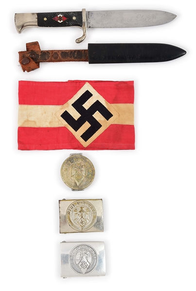 LOT OF 5: GERMAN WWII HITLER YOUTH KNIFE, BELT BUCKLES, AND ARMBAND.