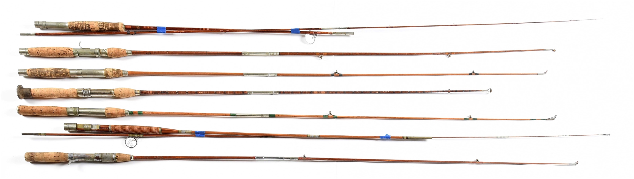 LOT OF 7: LIGHT BAMBOO FLY RODS AND CASTING RODS. 